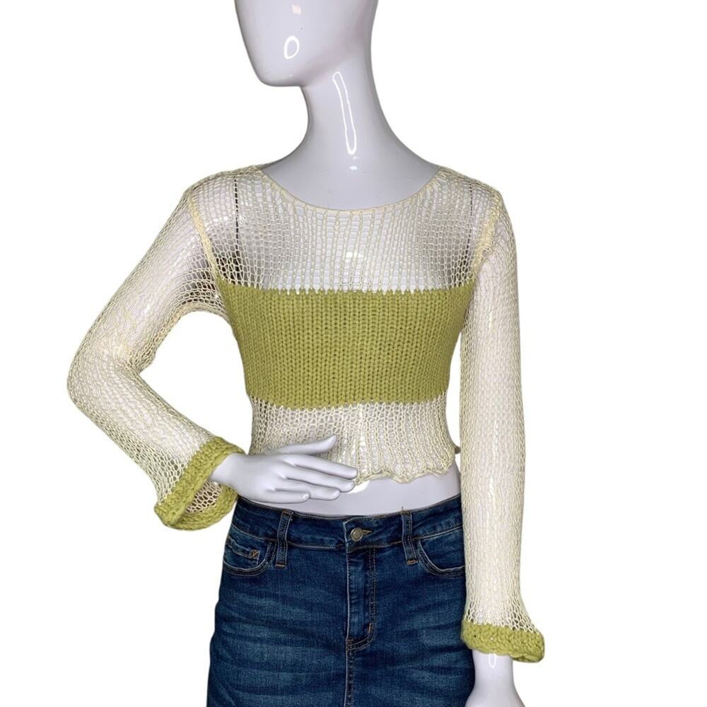 Klesis Crop Top Crochet Long Sleeve Beige Green Size S